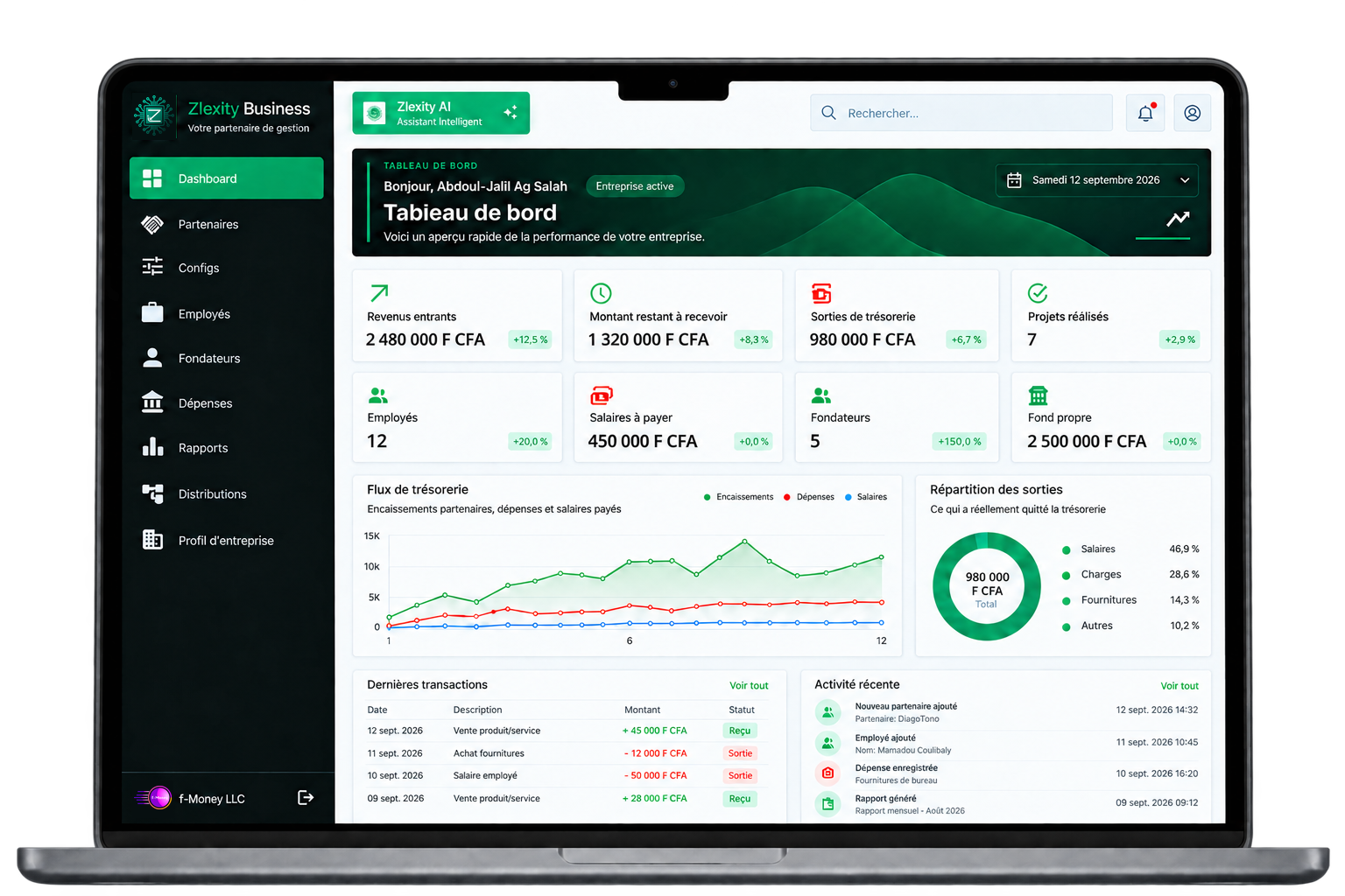 Dashboard Zlexity Business sur ordinateur portable